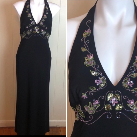 Vintage 80s 90s Beaded Halter Neck Formal Gown